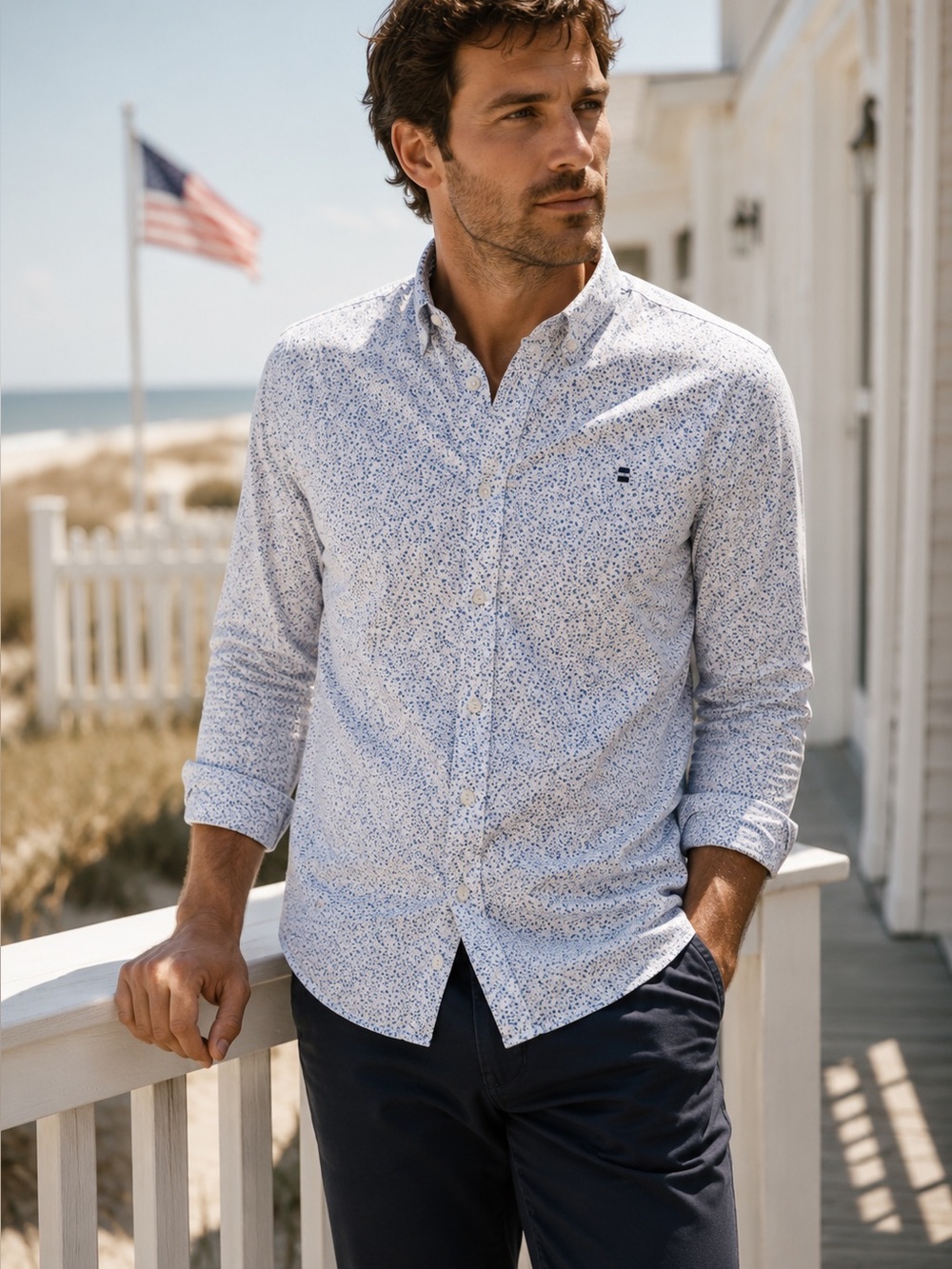 Cactus White Blue Speckled Button Down Shirt Small Slim Fit Modern Minimalist